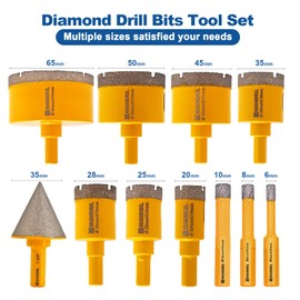 HIGHDRIL Diamond Drill Bits Kit with Triangle Shank for Porcelain Tile Ceramic Marble Brick Concrete Vacuum Brazed Hole Saw(6/8/10/20/25/28/35/45/50/65mm+35mm Hex Shank Chamfer Beveling Bit