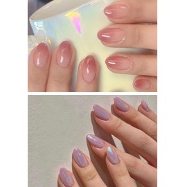 Ceboic 48Pcs French Short False Nails, Almond Press on Nails Nude & Purple Aurora Glitter Acrylic Nail Tips, Oval Fake Nails Full Cover Elegant Stick on Nails for Women Girls Nails Art 2 Packs