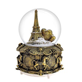 LED Music Snow Globe Vintage Eiffel Tower Buildings Embedded Carousel Retro Home Decoration for Book Shelf Cabinet Floating Board Office Desk Table Top Decor Centerpieces Ornament (Gold)