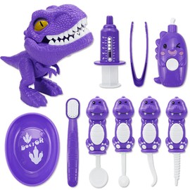 10PCS Plastic Dinosaur Simulation Dentist Play Set Animation Medical Kit Pretend Toy for Kids Hygienic Habbit Cultivation Role Play Game for Children 5 Models 4 Colors OPP Bag Packaging (Purple)