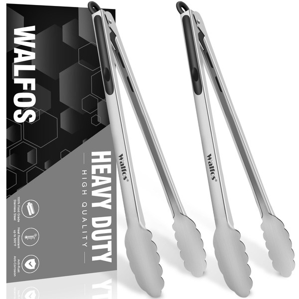 Walfos Barbecue Tongs - Heavy Duty Grill Tongs, 430 Premium Stainless Steel and Non-Slip Heat Resistant Handle - BBQ Tongs Great for Cooking, Grilling, Turning and BBQ(2Pack - 17in)