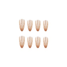 SINHOT Stiletto Press on Nails Long - White Flower & Gold Glitter Almond Nail Art, DIY Fake Nails with Glossy Glue on Nails, 24Pcs