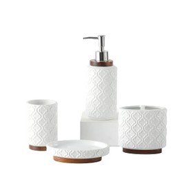 RQYIXI Bathroom Accessories Set 4 Pcs Toothbrush Holder Soap Dispenser Ceramic and Wood Bathroom Decor Set Contain Toothbrush Cup Soap Dish Tumbler White