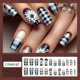 EYZOTSF Press on Nails Medium Square Shaped Acrylic Medium Square Shaped False Nails with Designs Artificial Short Coffin Fake Nails with Charms Glue ons Fingernails for Women Girls(CY948)