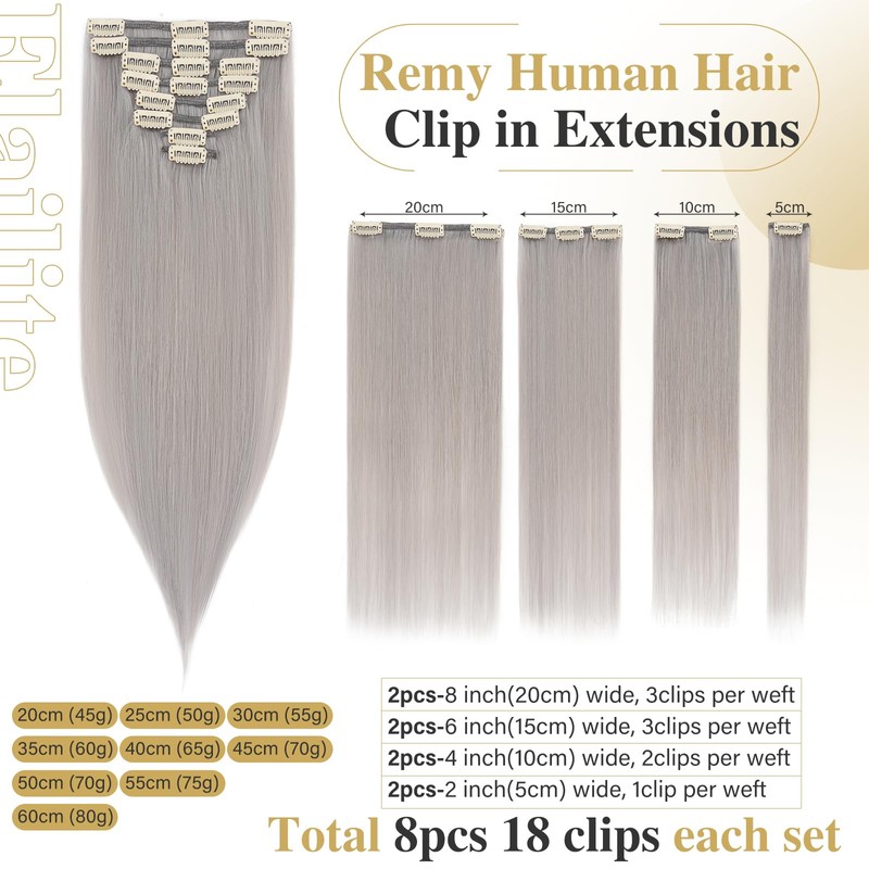 Elailite Real Hair Clip-In Extensions, 8 Wefts, Grey, Straight, Real