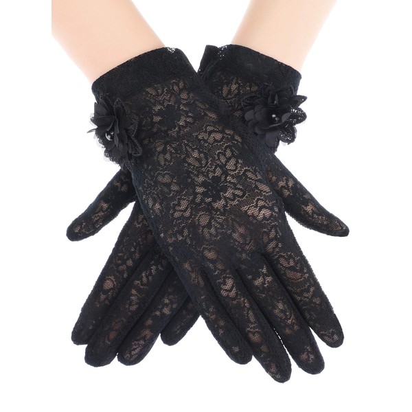 SATINIOR Lace Gloves Women Short Floral Gloves Fingerless Gloves Elegant Ladies Tea Party Gloves for Wedding Dinner Opera Party (Black)