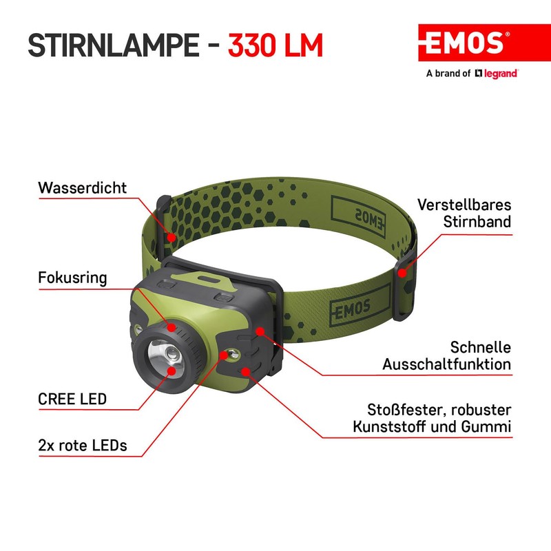 EMOS - Headlamp with focus function - red light -