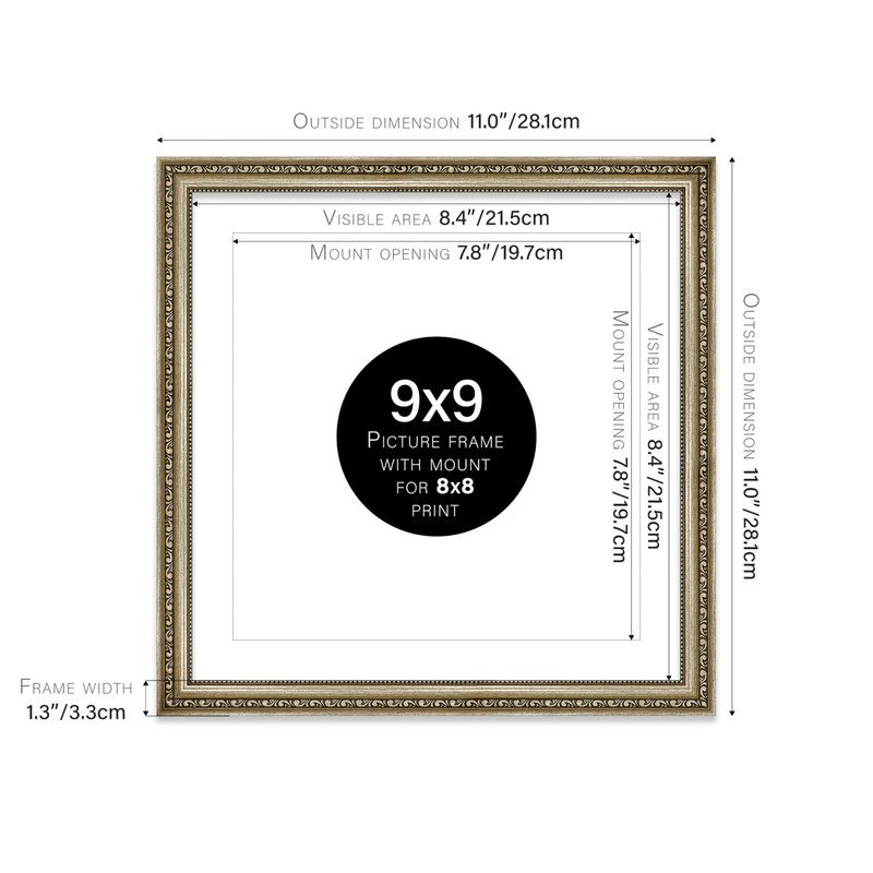 9x9 Champagne Silver Ornate Photo Frame With White Mat For