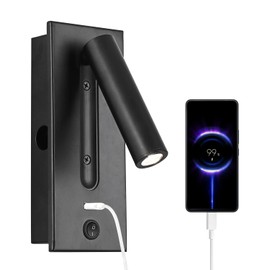 Recessed Wall Light with USB Charger, Adjustable 350° Rotatable 90° Foldable, Flush-Mounted Installation, 3W LED 3000K Warm Light, Bedside Reading Lamp for Bedroom Hotel Headboard Wall Sconce, Black