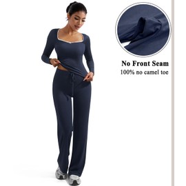 OMKAGI Womens Lounge Set Lace Square Neck Long Sleeve Tops Wide Leg Pants 2 Piece Outfits(M,212-Navy Blue)