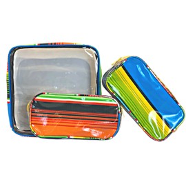 Alux 3-Pc Travel Makeup Bags for Women; Multi-Color, Chic and Stylish Travel Toiletry Bag Set; Large and Medium Makeup Bags for Vanity and Luggage and Small Makeup Bag for Purse - Serape Blue and Yellow