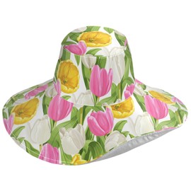 Pfrewn Women's Gardening Hat White Yellow and Pink Tulips Wide Brim Sun Hats Waterproof Foldable UV Protection Hat for Garden