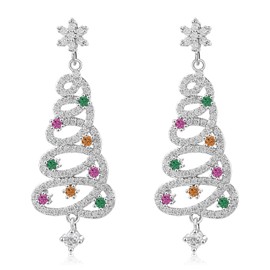 LAXPICOL Christmas Tree Earrings With S925 Sterling Silver Post, Shiny Silver Christmas Earrings For Women, Color Cubic Zirconia Christmas Earrings Jewelry Gift For Women/Teen Girls(Silver)