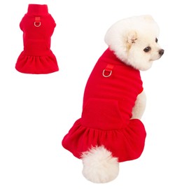 Pet Dress with D-Ring,Small Dog Fleece Winter Warm Clothing Puppy Sleeveless Sweaters Princess Skirt for Cats Small Dogs_S(Red)