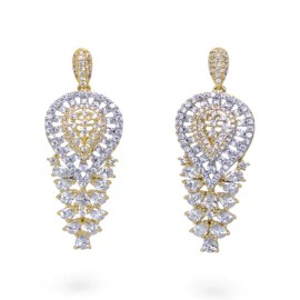 Feather Three-Tone with Cubic Zirconia Pendant Necklace and Drop Earrings Bridal Set.