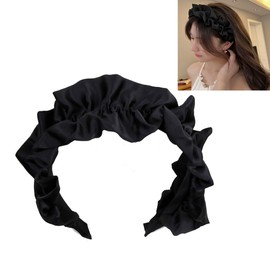 Yurosiay Black Headband Women's French Satin Pleated Headband Vintage Ruffle Headbands Non-Slip Skin Care Headband Plain Pleated Hair Band Hair Accessories for Women Girls