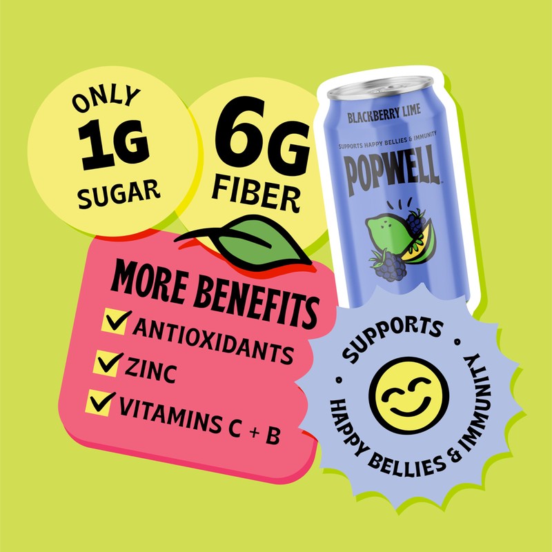 Popwell Blackberry Lime Better-For-You Prebiotic Soda, with 6g Fiber, 1g
