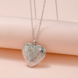 POYAMUSE Heart Locket Necklace for Women, Vintage Brass Locket Pendant - Floral Engraved Design, Heart Shaped Pendant Keepsake Jewelry - N-Silver