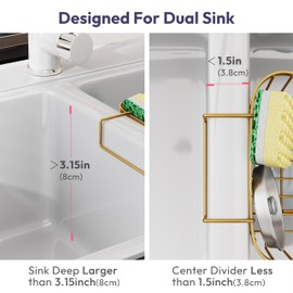 SWTYMIKI Sponge Holder for Kitchen Sink - Movable Kitchen Sink Caddy with M Shape Hook, Stainless Steel Hanging Sponge Caddy for Dish Sponge, Brush, Sink Stopper Organizer in Double Sink, Gold