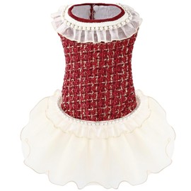 Elegant Dog Plaid Tulle Dress Puppy Skirts Cat Outfits Pet Winter Apparel Clothes for Small Medium Dogs Girl Costume Doggie Birthday Wedding Party Gown (Burgundy, XL)