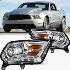 BRYGHT Headlight Assembly Pair for 2010 2011 2012 2013 2014 Ford Mustang OEM Headlamp Replacement Passenger and Driver Side (Chrome Housing with Amber Reflector)