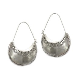 Sterling Silver Large Crescent Boho Statement Earrings, Handmade Half Moon Shape Hippie Gypsy Ethnic Bohemian Hoops Earrings