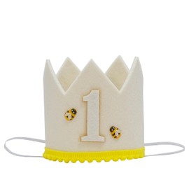GORNZX First Birthday Crown Hat with Bees, White Felt Crown with Yellow Trim, Number 1 Birthday Party Accessory