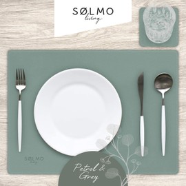 sølmo I Designer Place Mat Made of PU Leather, Heat Resistant Two-Tone I Set of 4 Wipe Clean Place Mats with Coasters, Leather Placemats, Placemats for Children (Petrol/Grey)