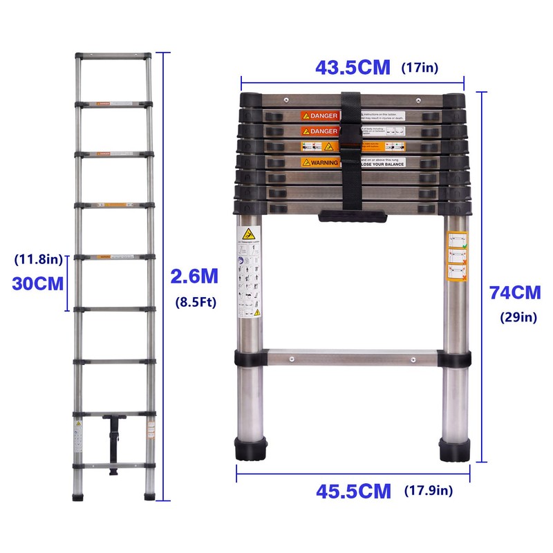 8.5 Ft Stainless Steel Telescoping Ladder Telescopic Extension Ladder Lightweight