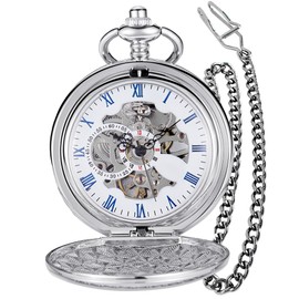 Alwesam Smooth Mechanical Hand Wind Pocket Watch Steampunk Skeleton Roman Numerals Scale with Chain & Box Gifts for Father's Day Birthdays