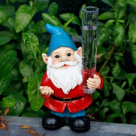 FORUP Resin Gnome Rain Gauges, Christmas Resin Gnome Garden Statue with a Plastic Rain Gauge, Hand Painted Gnome Sculpture Water Gauge for Rain