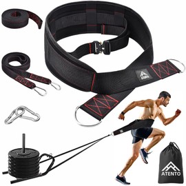 ATENTO Sled Pulling Belt, Adjustable Closure Sled Training Waist Belt,Weight Sled Pull Belt for Tire or Sled Pulling, Squat,Leg Muscles Strength Training, Agility, Resistance Training, Core Power Workout, Belt for Pulling with 2 Pulling Straps & 4 Hooks Included