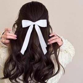 White Long Tail Hair Bows Big Silky Tassel Ribbon Bow Hair Clip Barrettes for Women (White, One size)
