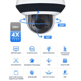 4MP Outdoor PTZ PoE IP Camera DS-2DE2A404IW-DE3 OEM with Pan Tilt 4X Optical Zoom,16X Digital Zoom, Night Vision 20m, SD Card Slot, Audio Input Output, IP66 and IK10
