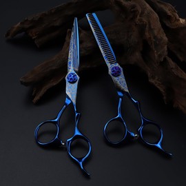 Hair Cutting Scissors, 6 Inch Professional Blue Damascus Hair Cutting Scissors Gem Screw Haircut Thinning Barber Tools Steel Shears Hairdressing Scissors Set