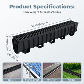 Trench Drain System, Channel Drain with Plastic Grate, 5.9x7.5-Inch HDPE Drainage Trench, Black Plastic Garage and Garden Drain, 4x39 Trench Drain Grate, with 4 End Caps-4 Pack