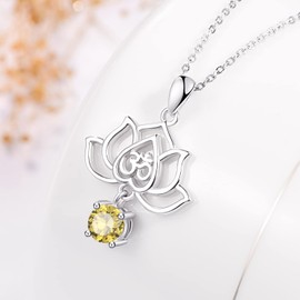 TANGPOET Lotus Flower Necklace for Women Sterling Silver Om Pendant Necklace November Birthstone Citrine Jewelry Christmas Birthday Gifts