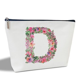 Initial Letter D Gifts for Women Mom Friend Besties Sister, Flower Monogrammed Makeup Bag, Cosmetic Travel Bag with Zipper for Mother's Day Wedding Graduation, Bride Bridesmaid Pouch Toiletry Bag - 04