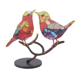 Stained Glass Birds On Branch Desktop Ornaments, Iron Double Painted Bird Colorful Stained Glass Birds Figurine, Beautiful Birds Ornament Tablet for Indoor Home Office Decorations (2 Birds)