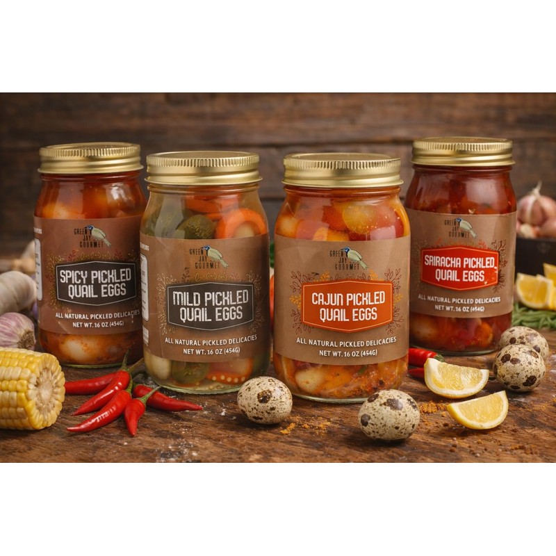 Green Jay Gourmet Cajun Pickled Quail Eggs in a Jar
