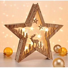 LED Decorative Light Star or Fir in 3D Design Made from Real Wood