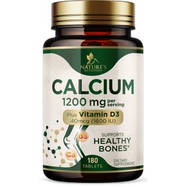 Calcium 1200 mg with Vitamin D3, Calcium Supplement Vitamins, Supports Bone Strength, Teeth & Immune System, Calcium Supplements for Women & Men, Nature's Absorbable Calcium Carbonate - 180 Tablets