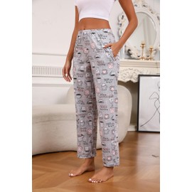 PNAEONG - Pantalones de pijama de algodón para mujer, cómodos, con estampado suave, con bolsillos, Coffee+pink Paisley, M