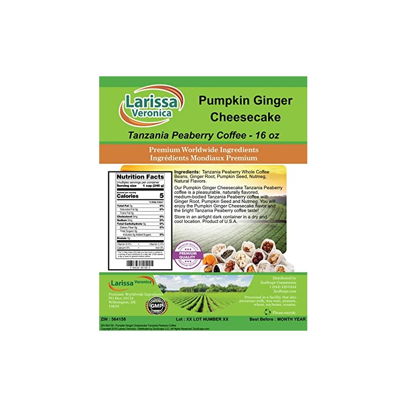 Pumpkin Ginger Cheesecake Tanzania Peaberry Coffee (Gourmet, Naturally Flavored, Whole