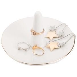 MyGift White Ceramic Ring Dish Holder, Jewelry Engagement Ring Holder, Trinket Tray with Gold Trim