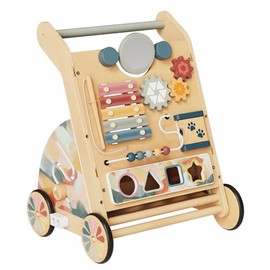 LOL-FUN Wooden Baby Walker with Detachable Busy Board, Push Walker for Baby with Adjustable Speed Wheels, Activity Learning Walker for Boys 6-12 Months