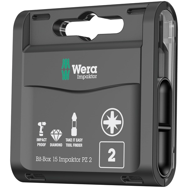 Wera Bit-Box 15 Impaktor PZ2 TriTorsion Impact bits, anti cam-out Pozi 2x25mm, 15pc pack, 05057763001(use with 897 4 IMP Holder)