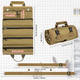 YBCCBY Tool Roll Bag, Tool Organiser Bag, Tool Roll Bag Oxford Cloth, Heavy Duty Tool Organizer with 4 Zipper Pockets and 2 Detachable Pouches for Dad,Mechanic,Electrician and Hobbyist (Khaki)