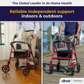 Drive Medical 10257RD-1 4 Wheel Rollator Walker With Seat, Steel Rolling Walker, Height Adjustable, 7.5" Wheels, Removable Back Support, 300 Pound Weight Capacity, Red