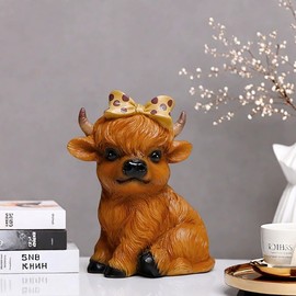 Resin Scottish Highland Cow Figurine Highland Cow Sculpture Cute Simulation Calf Ornaments Highland Cow Statue Figurines with Bow Home Farmhouse Tiered Tray Decor Autumn Garden Decor (A, 1PCS)